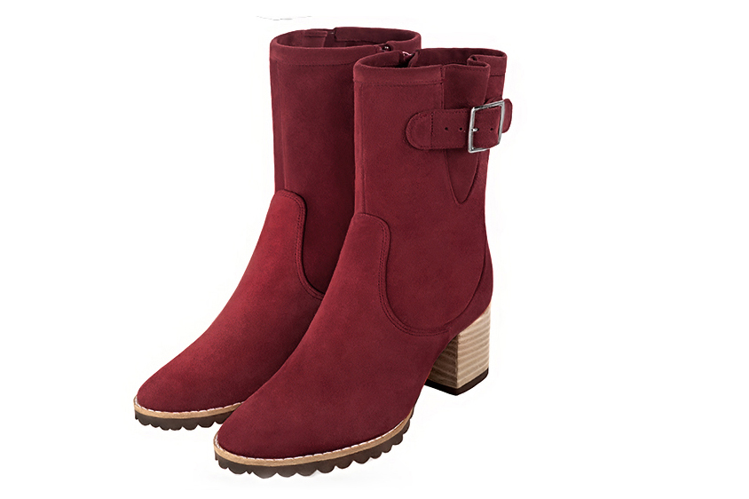Burgundy red women's ankle boots with buckles on the sides. Round toe. Medium block heels. Front view - Florence KOOIJMAN